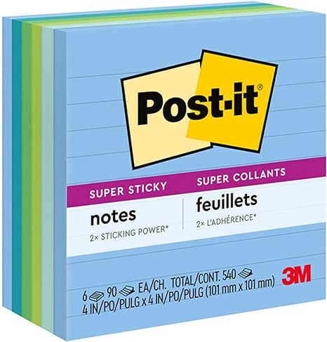 Post-it Super Sticky Recycled Notes, 4x4 in, 6 Pads, 2x the Sticking Power, Poptimistic, Bright Colors, 30% Recycled Paper (675-6SST)