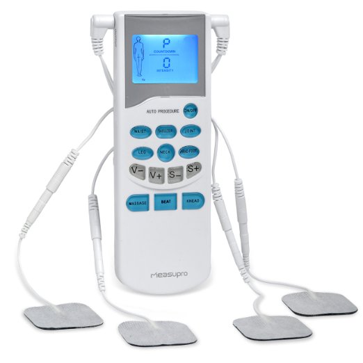 MeasuPro Ultra Quiet Handheld Electronic Tens Unit Pulse Massager with 2 Outputs 3 Pulse Stimulation Modes and 10 Adjustable Intensity and Speed Levels CE FDA Approved