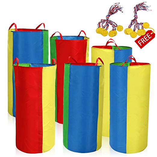Potato Sack Race Bags (Pack of 6) with Game Prizes (12Pcs) for Kids and Adults, Made from Sturdy and Durable Fabric