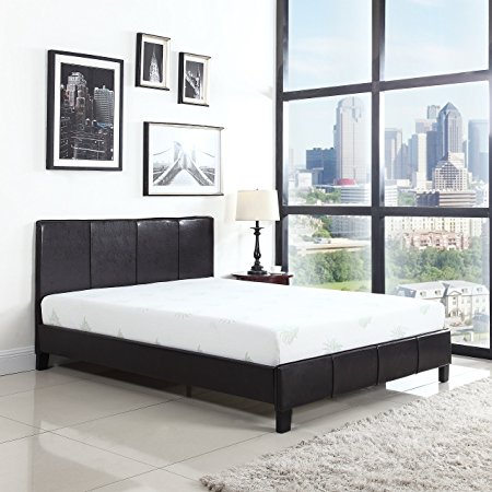 Classic Deluxe Bonded Leather Low Profile Platform Bed Frame with Paneled Headboard Design– Fits Full Mattresses – Espresso Brown