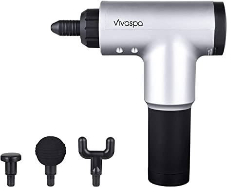 Vivitar Vivaspa Handheld Cordless and Rechargeable Massage Gun with LCD Display for Athletes with 4 Interchangeable Heads and 6 Speed Modes, Silver