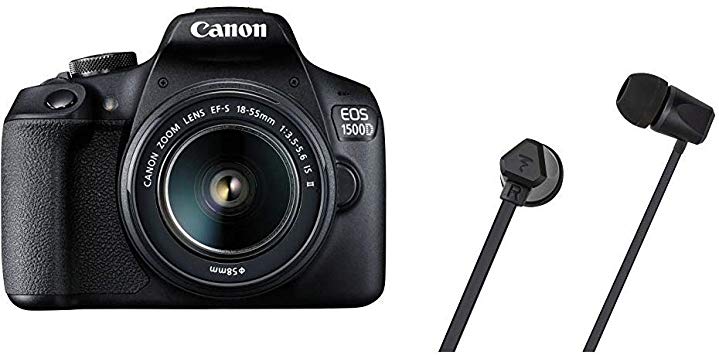 Canon EOS 1500D 24.1 Digital SLR Camera (Black) with EF S18-55 is II Lens, 16GB Card and Carry Case with Focal Sense 100SI in-Ear Earphone (Black)