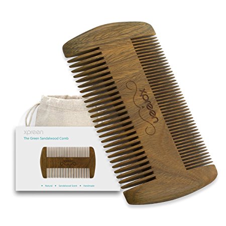 Beard Comb,Xpreen Wooden Beard Comb, Double Different Densities Brush, Anti-static Handmade Green Sandal Wood Comb for Beard, Hair, Mustache