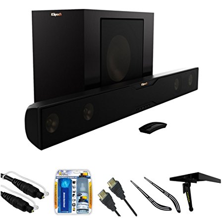 Klipsch Bluetooth Soundbar with Wireless Subwoofer (R-20B) with 6ft 5.0mm Audio Cable, TV/LCD Screen Cleaning Kit, HDMI Cable with Ethernet 6 ft, Soundbar Bracket & Stanley Media Shelf for TV 6"