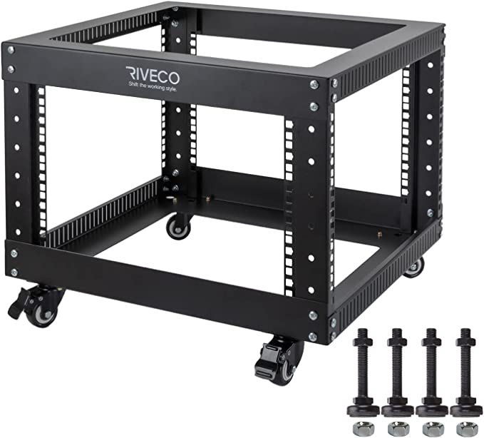 RIVECO 6U Open Frame Server Rack with Wheels- Heavy Duty 4 Post Quick Assembly 19-inch Support 600KG Equipment Home Network Cabinet Black