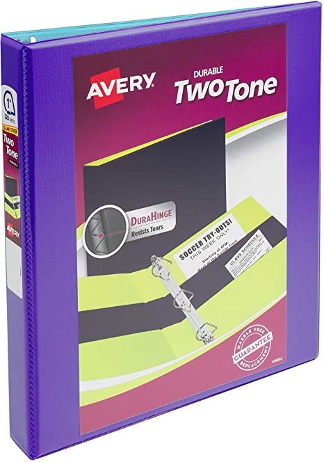 Avery Two-Tone Durable View Binder, 1" Slant Rings, 220-Sheet Capacity, Violet/Aqua (17197)