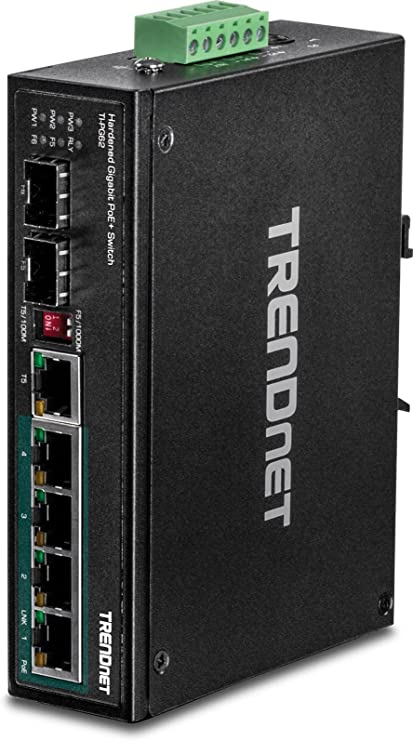 TRENDnet 6-Port Hardened Industrial Gigabit PoE  DIN-Rail Switch, 4 x Gigabit PoE  Ports, Shared Gigabit Port (RJ-45/SFP), Dedicated SFP, 120W Power Budget, IP30, Lifetime Protection, Black, TI-PG62