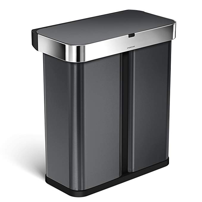 simplehuman 58 Liter/15.3 Gallon Stainless Steel Touch-Free Dual Compartment Rectangular Kitchen Trash Can Recycler Motion Sensor, Voice Activated, Black Stainless Steel