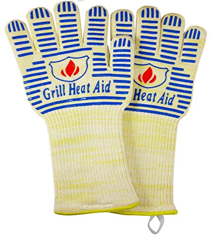 Premium Oven Gloves Extra-Long Cuff - EN407 Certified to Withstand 932°F - Flame & Heat Resistant Aramid Exterior - 100% Cotton Lining For Maximum Comfort - Thick Yet Amazingly Light-Weight and Flexible - Blue Silicone Strip For Superior Grip - Better Than Potholders, Mitts & Hot Pads. [14inch Glove Length]
