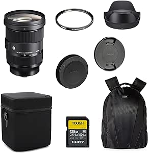 Sigma 24-70mm F2.8 DG DN Art Lens for Sony E Full-Frame Format with 128GB SF-M Tough Series UHS-II SDXC Memory Card, Tiffen 82mm UV Protector Filter and Waith Camera Backpack (Bundle Set)