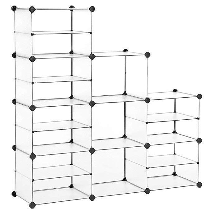 SONGMICS Cube Storage, Shoe Rack, Plastic Organizer Unit with Dividers, for Closet, Kid's Room, Living Room, Shoes, Clothes, Toys, Rubber Mallet Included, White ULPC401W