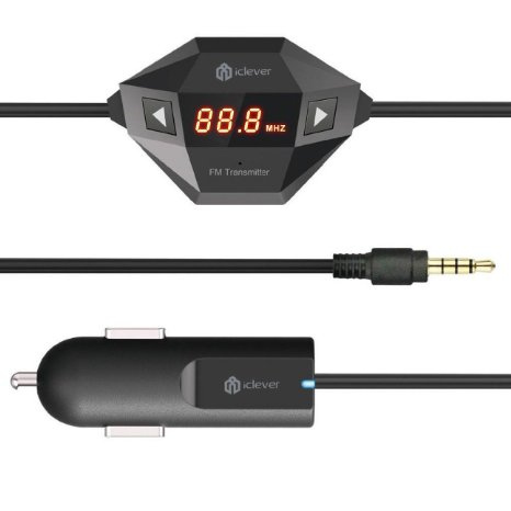 iClever Wireless FM Transmitter Radio Adapter Car Kit with 35mm Audio Plug and USB Car Charger Black