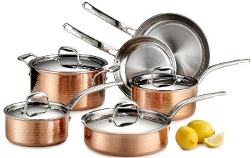 Lagostina Q554SA64 Martellata Tri-ply Hammered Stainless Steel Copper Oven Safe Cookware Set, 10-Piece, Copper