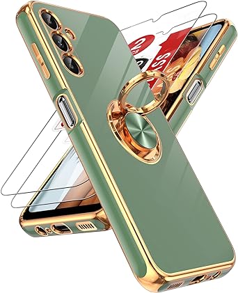 LeYi for Samsung Galaxy A14 5G Case with [2 Pack] Tempered Glass Screen Protector 360° Rotatable Ring Holder Magnetic Kickstand, Plating Rose Gold Edge Protective Case, L-Green