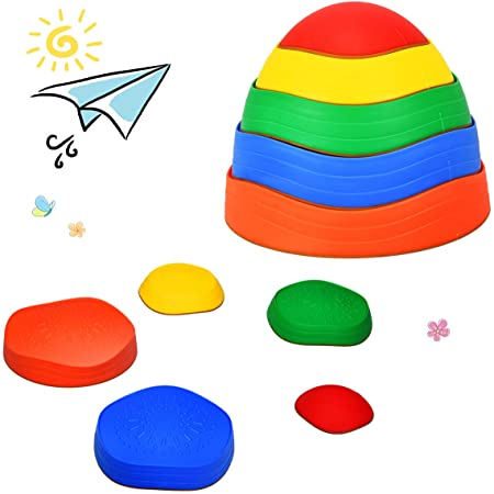 COSTWAY Kids Stepping Stones, 5pcs Stackable Balance Blocks Game with Non-slip Texture, Exercise Balance & Coordination, Rainbow Crossing River Stones for Indoor and Outdoor