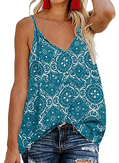 FARYSAYS Women's Sleeveless Boho Floral Print V Neck Cami Tank Tops Casual Loose Blouses Shirts