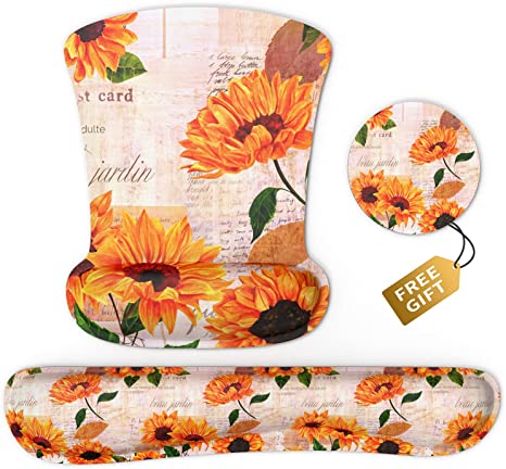 Wrist Rest Support Ergonomic Mouse Pad & Keyboard Set Memory Foam Non-Slip Rubber Base Cute Mouse Mat Coaster for Home,Computer,Office Easy Typing and Relieve Wrist Pain - Vintage Sunflowers