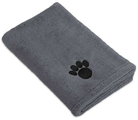 DII Bone Dry Microfiber Dog Bath Towel with Embroidered Paw Print - 44x27.5" - Gray
