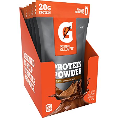 Gatorade Recover Sports Formula Whey Protein Powder, Chocolate (6 single pouches, 20 grams of protein per serving)