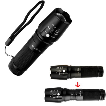 Outlite 900 Lumen CREE XML T6 LED Portable Zoomable Tactical Flashlight - 5 Mode Adjustable Focus - Rugged Aluminum Construction - Water Resistant Lighting Lamp Torch - For Hiking Camping-Powered By 118650 Battery or 3AAA Battery Not Included