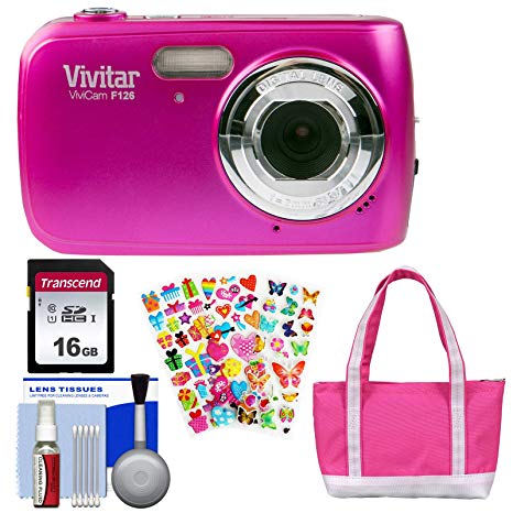 Vivitar ViviCam F126 Digital Camera (Pink) with 16GB Card   Bag   Stickers   Kit