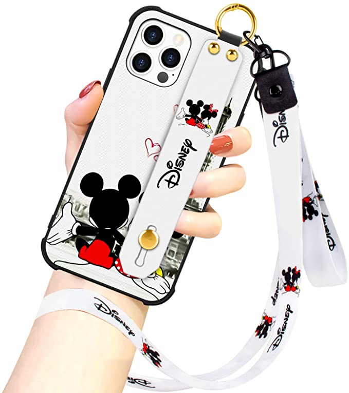 DISNEY COLLECTION Designed for iPhone 12/12 PRO Case, Disney Mickey Couple Street Fashion Wrist Strap Band Protector Phone Cover Lanyard Case for iPhone 12 PRO & iPhone 12 6.1 Inch 2020