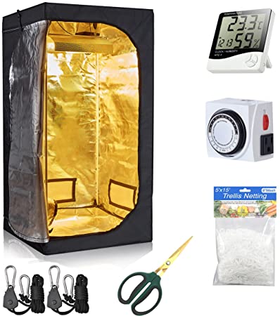Hydro Plus Grow Tent Room Kit Indoor Plants Growing Room 24 Hour Outlet Timer 60mm Bonsai Shear Plant Trellis Netting Light Hangers for Hydroponics Growing System(32''x32''x63'' Kit)