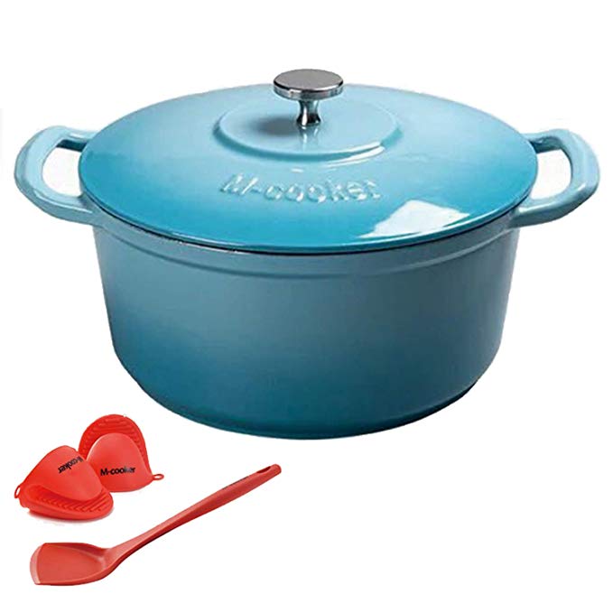 M-Cooker 7 Quart Enameled Dutch Oven with Self Basting Lid Household Cast Iron Soup Pot Non-Stick Enamel Pot with Silicone Gloves and Anti-hot Silicone Shovel (Ocean Blue 7 QT)