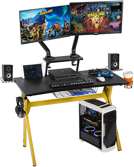 lazzo 41" Computer Gaming Desk,PC Game Table,41"x23.6"(WXD),Includes Removable Monitor Stand,Cup Holder,Wire Storage Ring,Headphone Hook,Speaker Stand,Gamer Workstation for Home & Office, Yellow