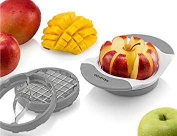 Gourmia 3 In 1 Handle Push Cutter, Mango, Apple Slicer & Corer With Bonus French Fries Blade, 3 Stainless Steel And Interchangeable Blades, Durable BPA free food safe material