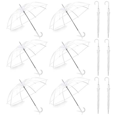 Pack of 12 Wedding Style Stick Umbrellas Large Canopy Windproof Auto Open J Hook Handle in Bulk (Crystal Clear)