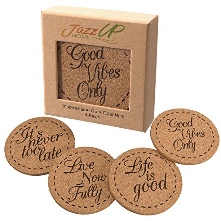 Beverage Coasters Inspirational Set (4 Pack) | X Large Premium Cork Coasters for Drinks | Hand-Crafted Packaging