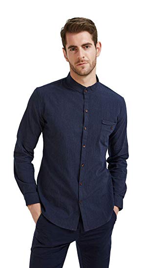 Plaid&Plain Men's Slim Fit Long Sleeve Banded Collar Solid Linen Shirts