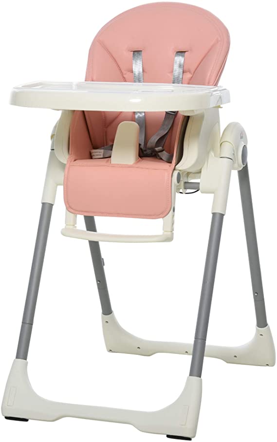 HOMCOM Foldable Baby High Chair Convertible Feeding Chair Height Adjustable with Adjustable Backrest Footrest and Removable Tray 5 Point Safety Harness for Kids 6-36 Months Pink