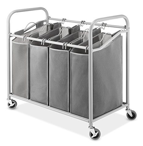 Whitmor 4-Section Laundry Sorter Cart-Heavy Duty, Durable Metal Frame & Handles – Large Hanging Bags with Plastic Grips, Laundry Room Hamper Organizer with Lockable Caster Wheels (Paloma Grey)