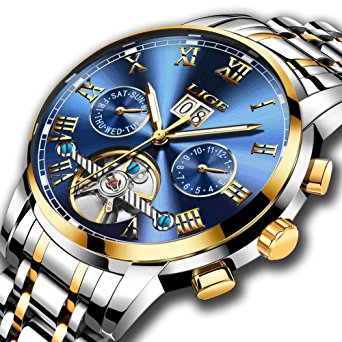 Watches Mens Automatic Mechanical LIGE Luxury Brand Wrist Watches Stainless Steel Date Skeleton Tourbillon Watch,Gold Blue