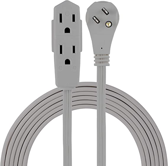 GE Indoor Office Extension Cord, Extra Long 15ft Power Cable, 3 Grounded Outlets, 3 Prong, Low-Profile Right Angle Flat Plug, 16 Gauge, UL Listed, Gray, 43026, Grey