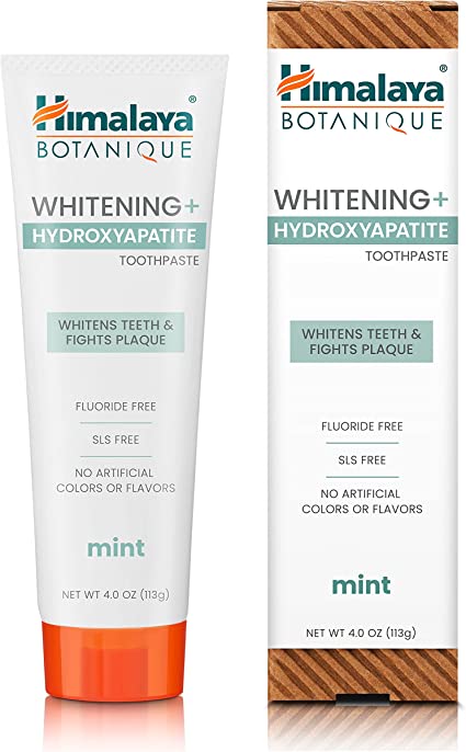Himalaya Botanique Whitening   Hydroxyapatite Toothpaste for Whiter Teeth & Fresher Breath, Fights Plaque with Hydroxyapatite Support & Mint Flavor, Fluoride Free, SLS Free, & Vegan, 4.0 oz (113g)
