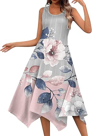 Summer Outfits for Women, Floral Dresses 2024 Trendy Asymmetrical Sun Flower Wear Sleeveless Chicos Dress, S, XXL