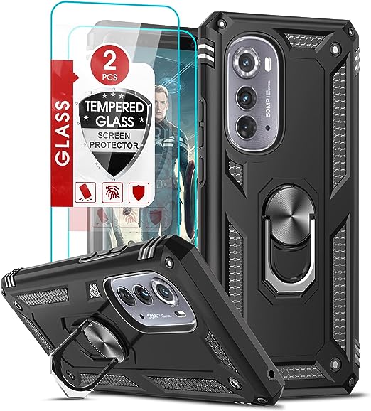 Motorola Edge 2022 Case, Moto Edge 2022 Case with 2 Pcs Screen Protector for Men Women, LeYi [Military-Grade] Heavy Duty Protective Case with Magnetic Stand for Moto Edge 2022, Black