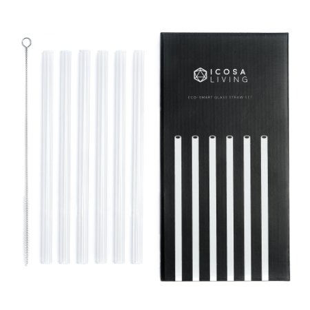 Eco-Smart Premium Glass Straws Set (6 Pack, 9" x 9.5 mm) by ICOSA Living - Reusable and Eco-friendly Drinking Straws, Perfect for Any Occasion!