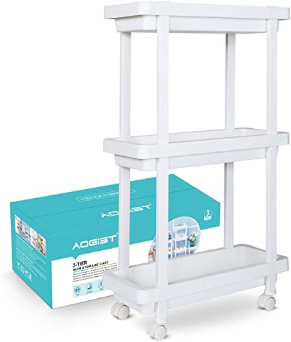 Aogist Slim Storage Cart 3 Tier Narrow Shelving Unit Organizer Rolling Utility Cart Mobile Storage Tower Rack for Home Kitchen Bathroom Office Laundry Room Narrow Places(White)