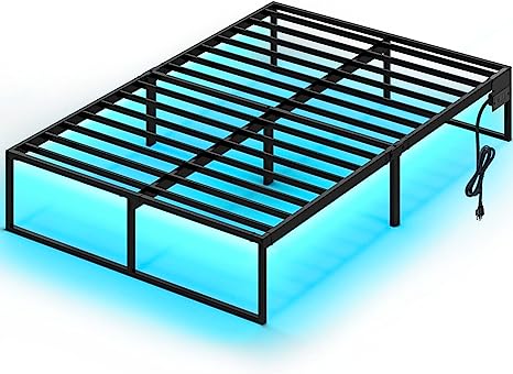 Rolanstar Bed Frame with USB Charging Station, Full Bed Frame with LED Lights, Platform Bed Frame with Heavy Duty Steel Slats, 14" Storage Space Beneath Bed, No Box Spring Needed, Noise Free, Black