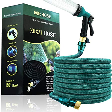 50FT Expandable Garden Hose- Upgraded Flexible & Retractable Water Hose with 8 Function Spray Nozzle ,Lightweight Expanding Hose with (Valve ) Anti-Bursting Double latex ,Anti-Leaking Brass Fittings, Extra Strong Fabric (blue)