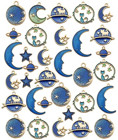 iloveDIYbeads 40pcs Assorted Gold Plated Enamel Cat Moon Star Earth Planet Charms for Jewelry Making DIY Necklace Bracelet Dangle Hook Earring (M275)