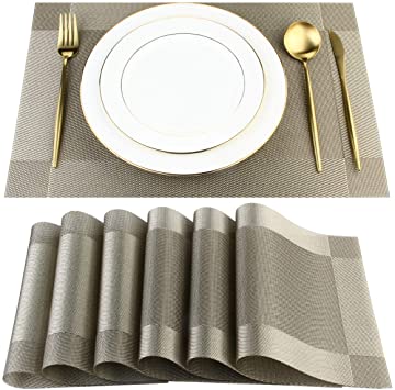 DACHUI Placemats, Crossweave Woven Vinyl Non-Slip Insulation Placemat Washable Table Mats Set of 6 (6pcs placemats, Coffee)
