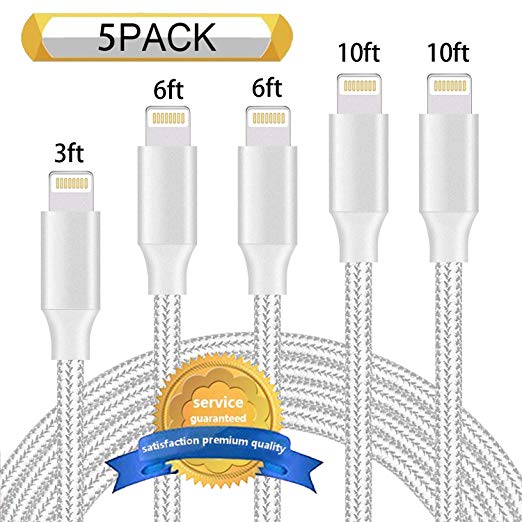 Aonsen Phone Cable 5Pack 3FT 6FT 6FT 10FT 10FT Nylon Braided USB Charging & Syncing Cord Compatible with Phone XS MAX XR X 8 8 Plus 7 7 Plus 6s 6s Plus 6 6 Plus Silver