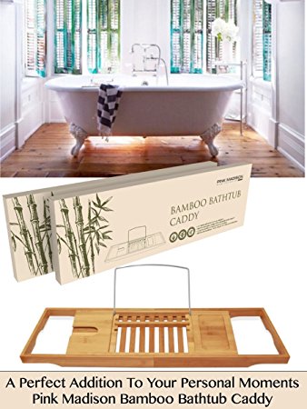 BEST GIFT - Bamboo Bathtub Caddy Tray Best Rated Gift Built in Book Wine Holder