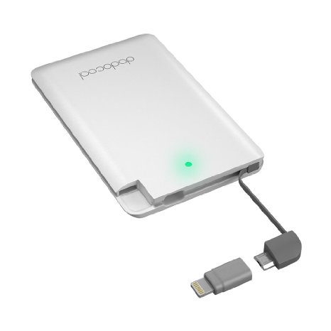 dodocool MFi Certified Ultra Thin 2500mAh Portable Charger Backup External Battery Pack Power Bank with Built-in Micro USB Cable and Lightning Adapter for Smartphones White