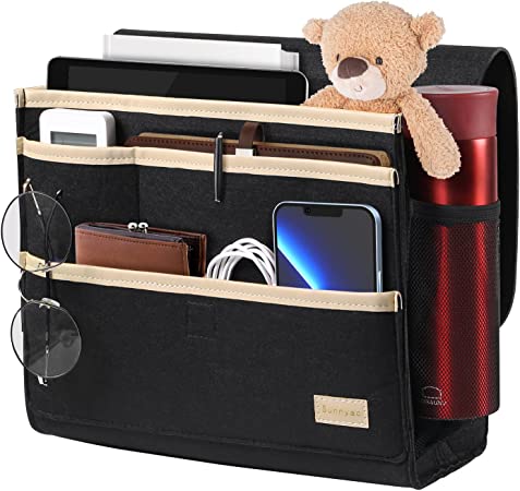 Sunnyac Bedside Caddy, Large Bed Caddy Organizer With 8 Pockets, Thick Felt Bedside Storage Caddy, Remote Holder, Great To Hold Phones, Tablet, Pens, Books, Magazines, Under Mattress Or Couch (Black)